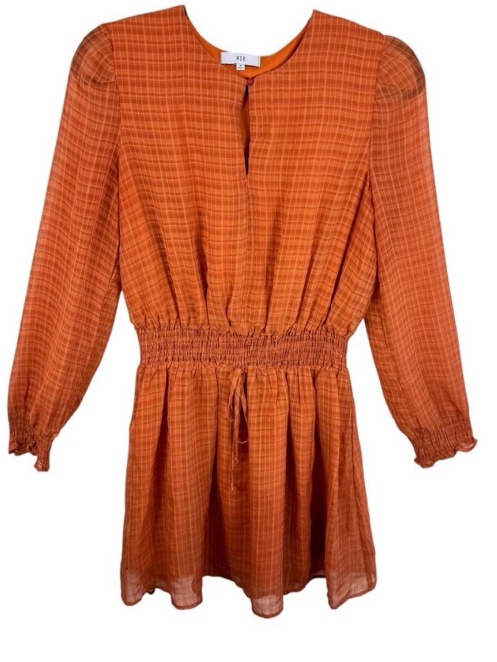 NSR Orange Plaid Long Sleeve Smocked Waist Lined Lightweight‎ Mini Dress Size M